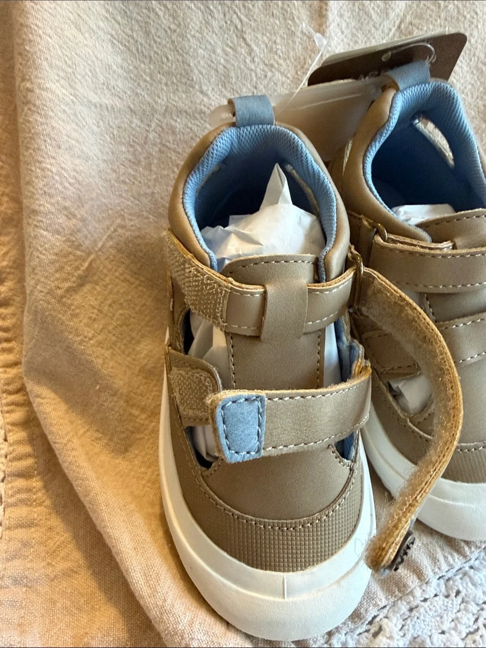 NWT ~ BearPaw Kids Tan and Light Blue Velcro Sneakers SZ 6